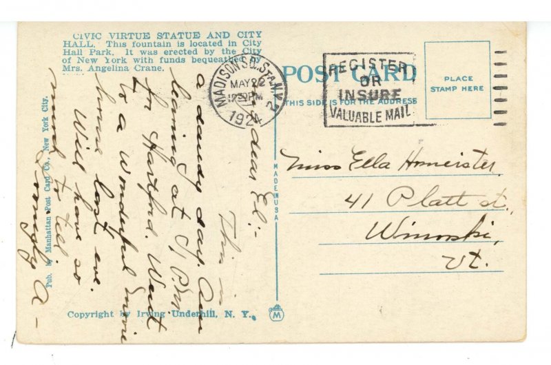 NY - New York City. Civic Virtue Statue & City Hall