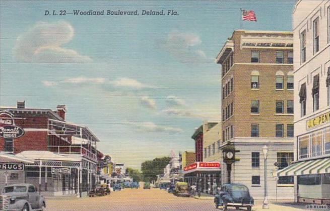 Florida Deland Woodland Boulevard Rexall Drug STore & Coca Cola Sign Curteich