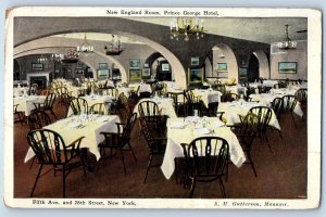 c1929 New York City NY Postcard New England Room Prince George Hotel Interior