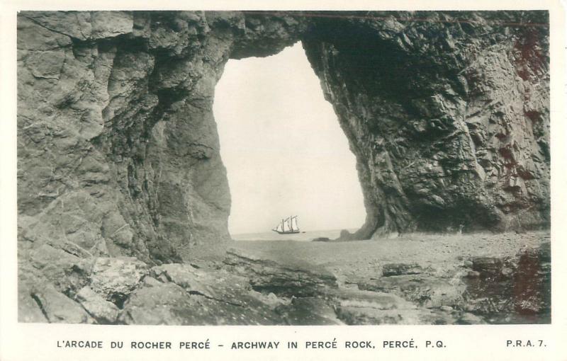 Quebec, Canada Archway in Perce Rock, Sailboat, Real Photo Postcard