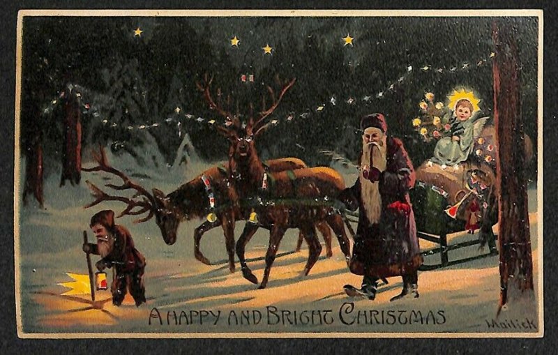 Christmas Elve Suited Santa Claus H-T-L Hold to Light Sled Malick Postcard