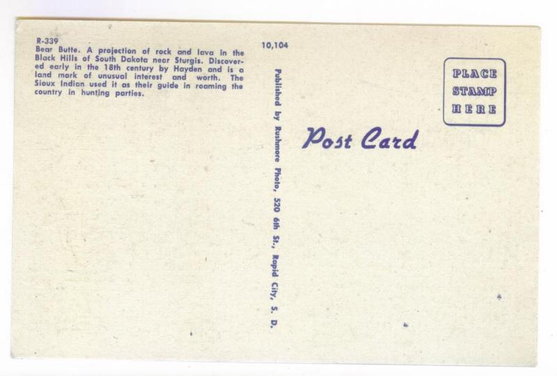 Bear Butte, Black Hills, Sturgis, South Dakota, unused Linen Postcard