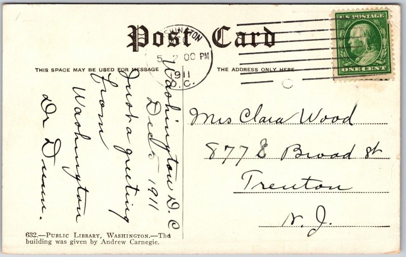 1911 Carnegie Public Library Mount Vernon Square Washington D.C. Posted Postcard
