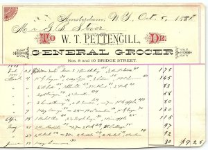 1881 AMSTERDAM NY W.T. PETTENGILL GENERAL GROCER BILLHEAD STATEMENT Z4077