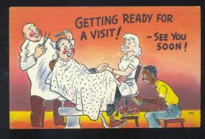 GETTING READY FOR A VISIT BARBERSHOP BLACK AMERICANA BLACK COMIC POSTCARD