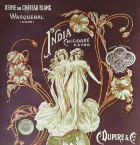 India Chicoree Extra Flower Label Artwork Art Nouveau Lady 1902 France C Dupire
