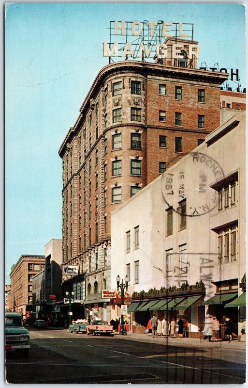 VINTAGE POSTCARD HOTEL MANGER AND CLINTON AVE STREET SCENE ROCHESTER 1967