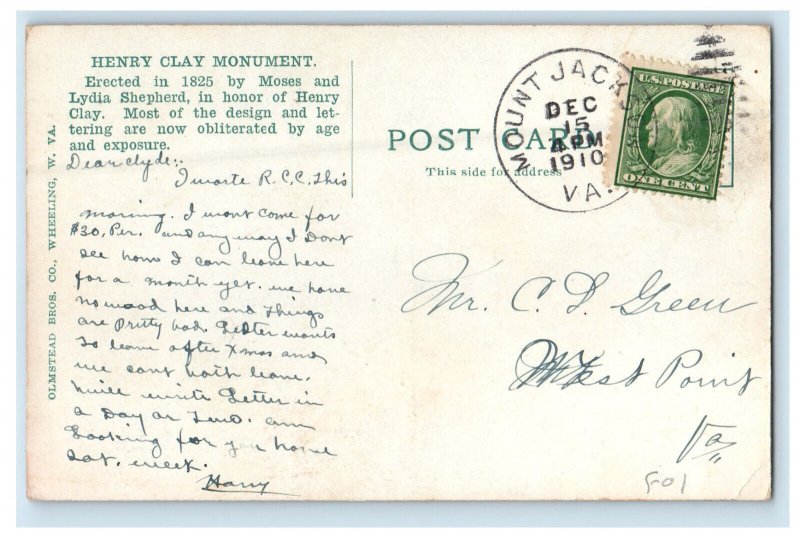 1910 Henry Clay Monument Elm Grove Near Wheeling WV Mount Jackson VA Postcard