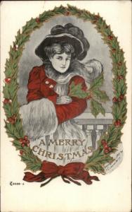 Christmas - Beautiful Woman Holly Border - Fred Lounsbury c1910 Postcard