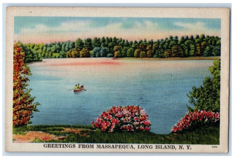 Greetings From Massapequa Long Island New York NY, Lake View Canoeing Postcard