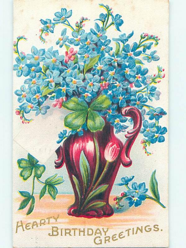 Pre-Linen art nouveau PRETTY FORGET-ME-NOT FLOWERS IN VASE WITH SHAMROCK HJ3711