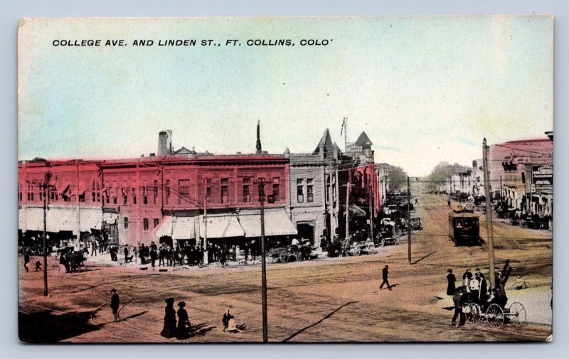 J94/ Fort Collins Colorado Postcard c1910 College Ave Stores Trolley 25