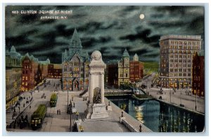 c1910 Moonlight Trolley Car Clinton Square at Night Syracuse NY Postcard