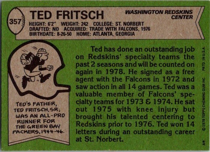 1978 Topps Football Card Ted Fritsch Washington Redskins sk7425