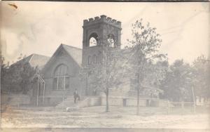 Blackwell Oklahoma~Christian Church~Man Posing on Steps~Unpaved Street~1913 RPPC