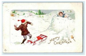 Beautifully Embossed Children Snowball Fight Christmas Vintage Antique Postcard 