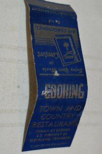 Town and Country Restaurant Cleveland Tennessee 20 Strike Matchbook Cover