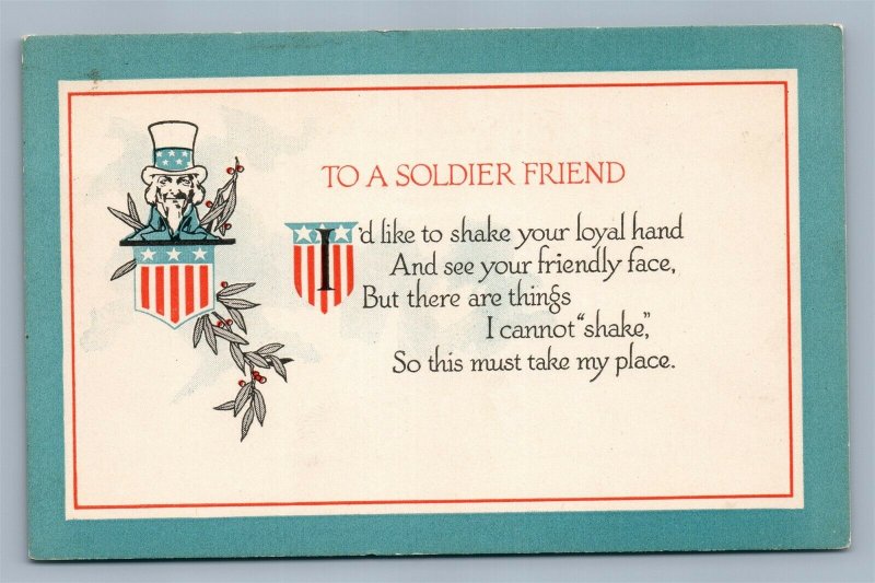 UNCLE SAM TO A SOLDIER FRIEND WWI ANTIQUE POSTCARD PATRIOTIC