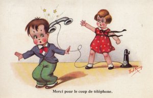 Drawn children couple comic telephone dispute signed Bob King 1940 postcard 