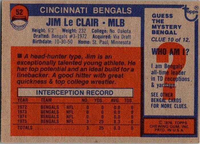 1976 Topps Football Card Jim LeClair Cincinnati Bengals sk4286