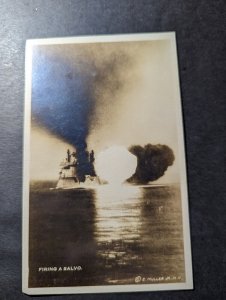 Mint USA Navy Military RPPC Ship Postcard Firing A Salvo