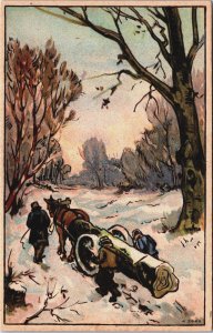 Men with a Horse and a Tree Trunk Walking in the Snow Vintage Postcard C220