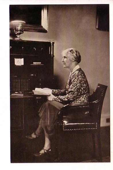 Mrs. Herbert Hoover at President Monroe Desk, Presidential Library, West Bran...