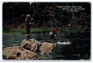 c1905 Landing The Salmon Salmon Fishing Hiramichi River NB Canada Postcard