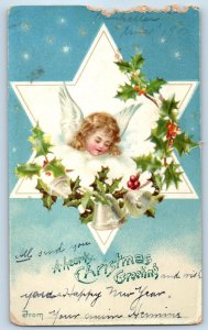 Christmas Greeting Star Cherub Angel Holly Berries New York City NY Postcard