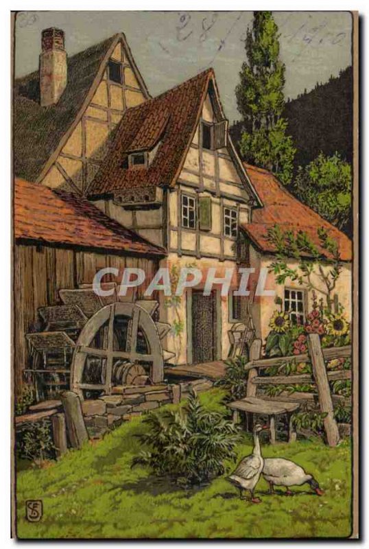 Old Postcard Fantasy Illustrator house water mill