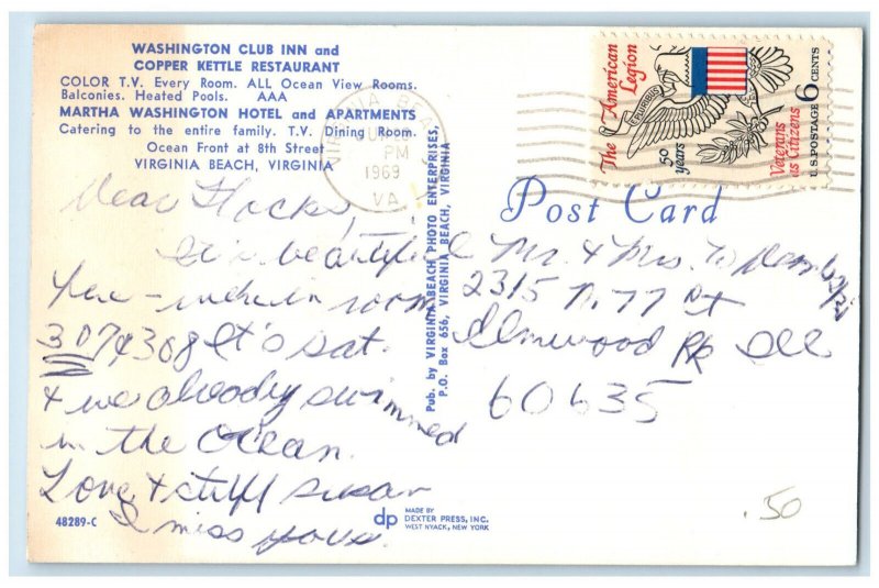 1969 Washington Club Inn and Copper Kettle Restaurant Virginia Beach VA Postcard 