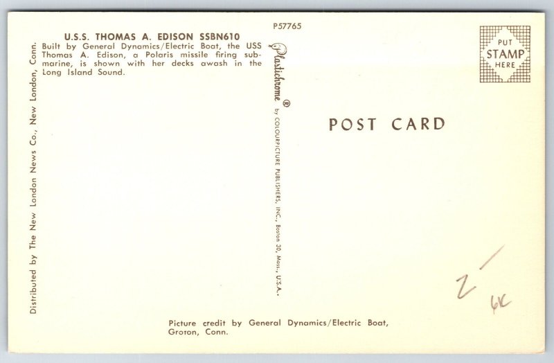 Transportation~USS Thomas A Edison Submarine~Vintage Postcard
