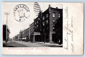 Muskegon Michigan MI Postcard Western Avenue Looking East Buildings 1905 Antique