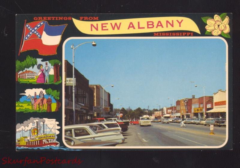 NEW ALBANY MISSISSIPPI DOWNTOWN STREET SCENE 1960's CARS VINTAGE POSTCARD