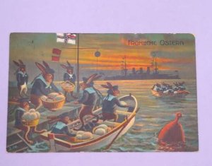 Anthropomorphic Rabbits Navy In Boats Eggs Vintage Easter Antique Postcard