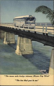 Miami Key West Florida FL Bridge Bus Linen 1930s-50s Linen Postcard