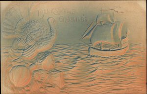 Thanksgiving Turkey Pumpkins Schooner Ship Embossed Airbrushed 1900s-20s PC