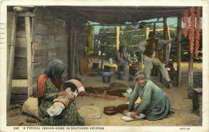 1920s Postcard Typical Indian Home in Southern Arizona Woman Grinds Corn Metate