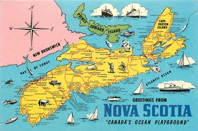 Map Nova Scotia New Brunswick Nova Scotia Canada Map Greetings Pei New Brunswick Cape Brenton Postcard |  Canada - Other / Unsorted, Postcard / Hippostcard