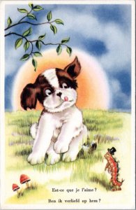 Postcard Comic Dog and centipede in field - Am I in love with him