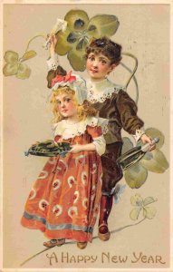 Boy Girl Celebrate Happy New Year Greeting 1910c postcard