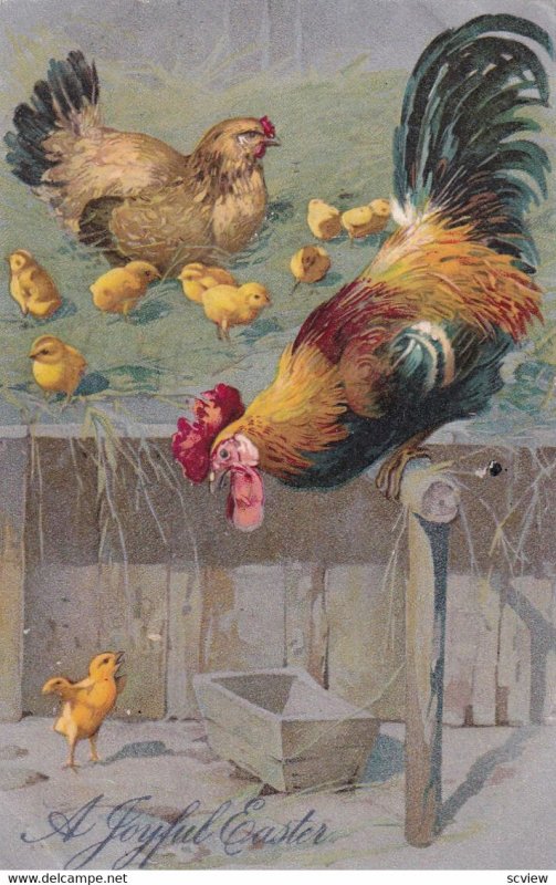 EASTER, PU-1907; Joyful, Rooster on perch watching chick, Hen laying on grass