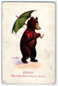 c1910's Little Anthropomorphic Bear Goes To Church Sunday Wall Antique Postcard