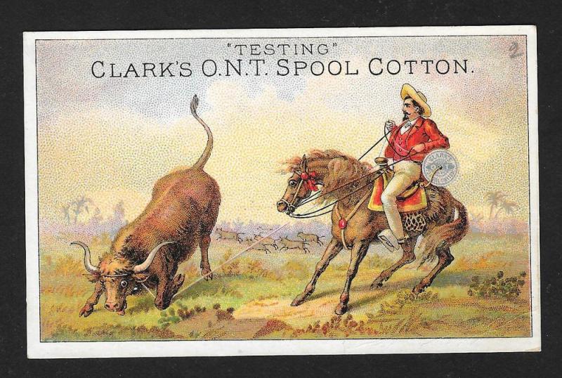 VICTORIAN TRADE CARD Clark's Thread Cowboy Horse Bull