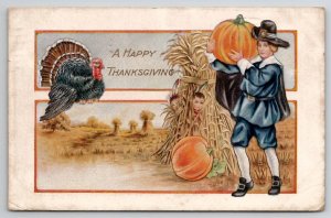 Thanksgiving Pilgrim Pumpkins Children Corn Shocks Postcard K28