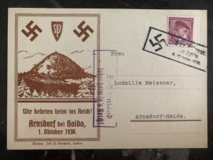 1938 Sudetenland Germany Provisional cancel Postcard cover  We returned home