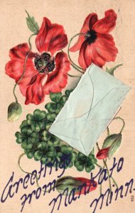 Vintage Postcard 1907 Greetings From Mankato Minnesota Pansies Forget Me Nots