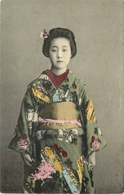 c1907 Hand-Colored Postcard; Beautiful Japanese Woman in Kimono & Obi