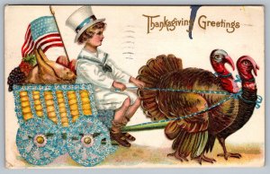 Postcard Thanksgiving Greetings Patriotic Child Wagon Pulled By Turkey c 1910