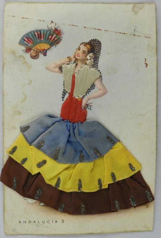Young Woman Dressed in Long Colorful Dress Traditional Hand Fan Vintage Postcard